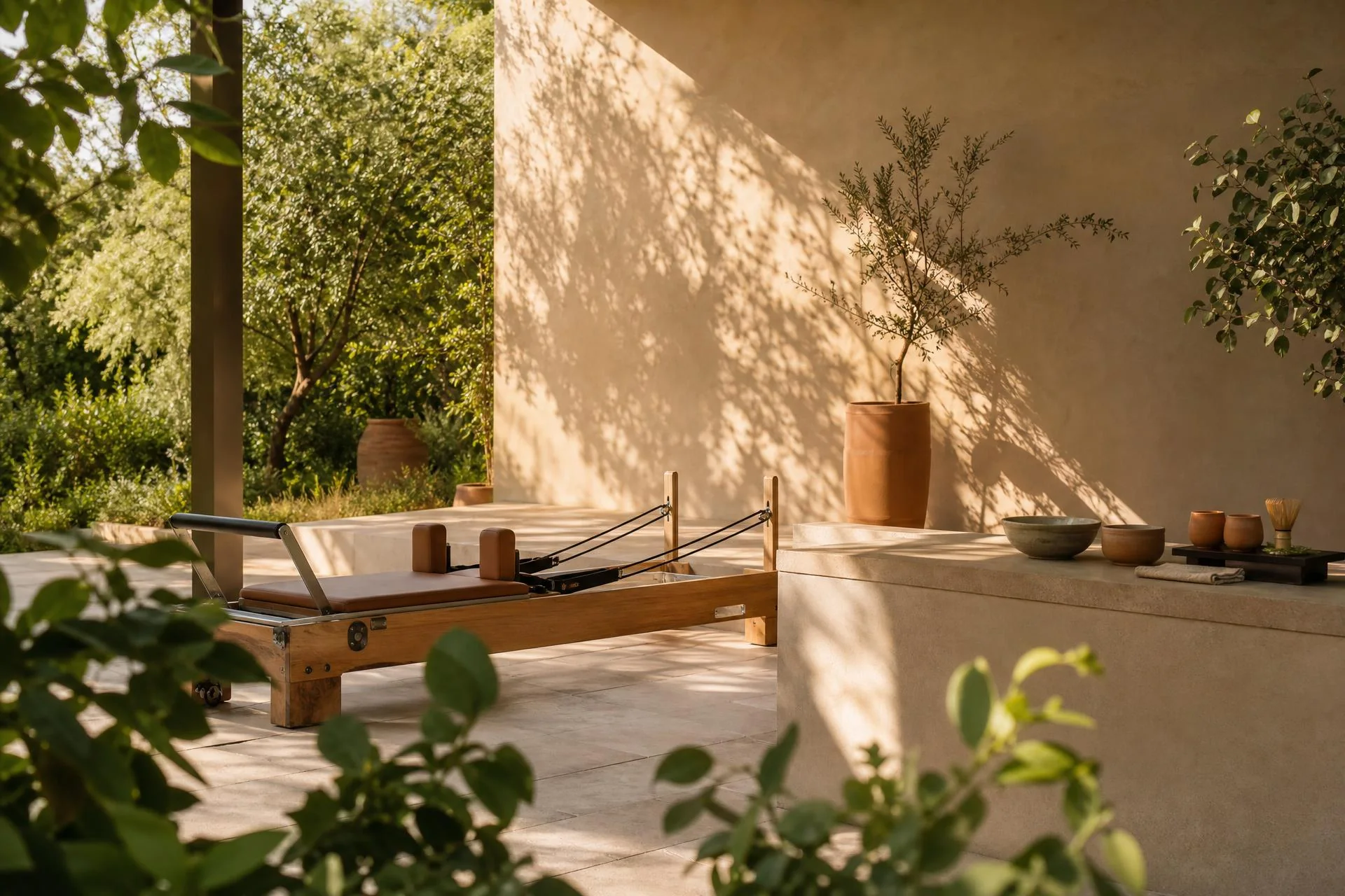 Terrasse végétale d'un studio wellness Maison Albare avec un Reformer et un coin matcha, jeux d'ombre et de lumière